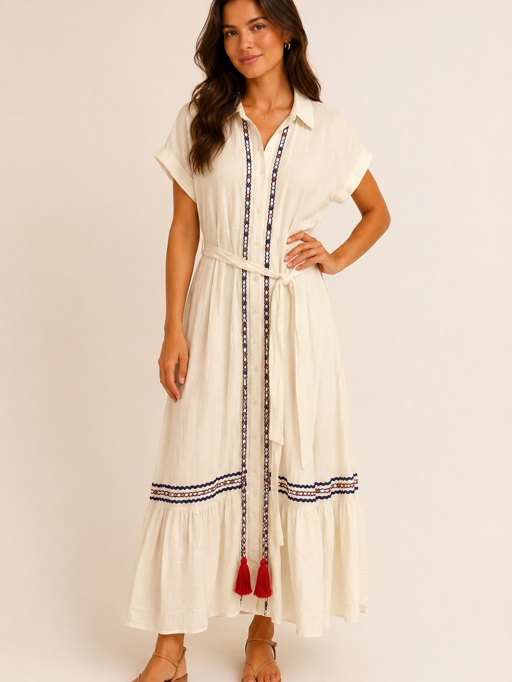 Sonoma Cream Maxi Shirt Dress with Navy Embroidered Trim and Red Tassels